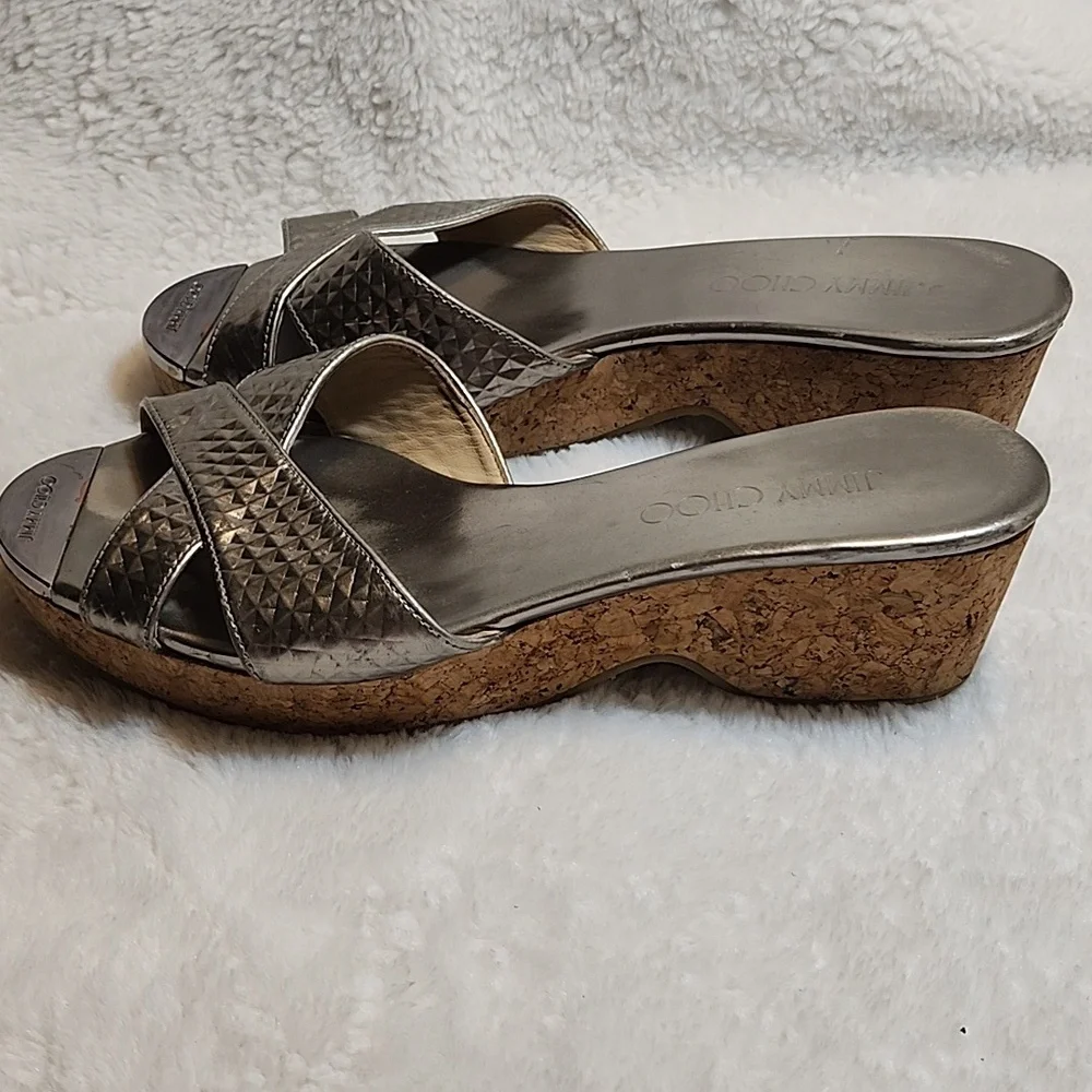 Jimmy Choo Silver Metallic Embossed Leather Panna Cork Slides Size 37.5